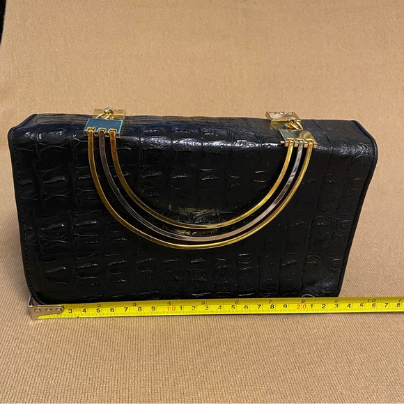 Joy Brandy Exotic Crocodile Patent Leather Satchel Clutch Goldtone Handles small - Picture 4 of 9